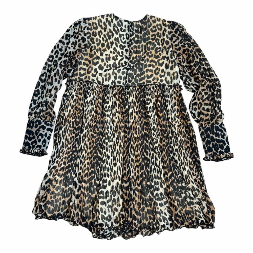 GANNI Pleated Georgette Mini Dress Leopard Babydoll Oversized Size 34 US Small - Picture 6 of 7